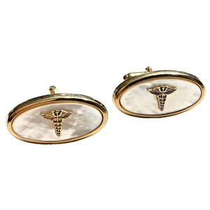 Mid Century Anson Cuff Links Mens Fashion Jewelry Gift Gold MOP Caduseus medical